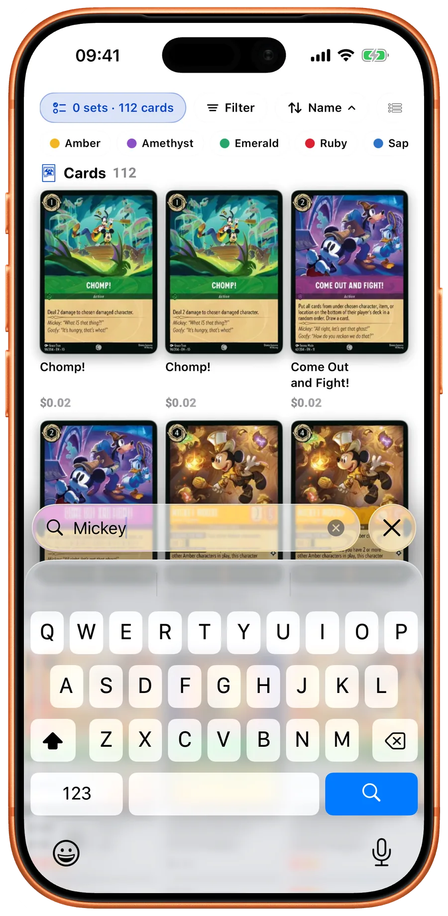 LanaKit search screen finding Disney Lorcana cards